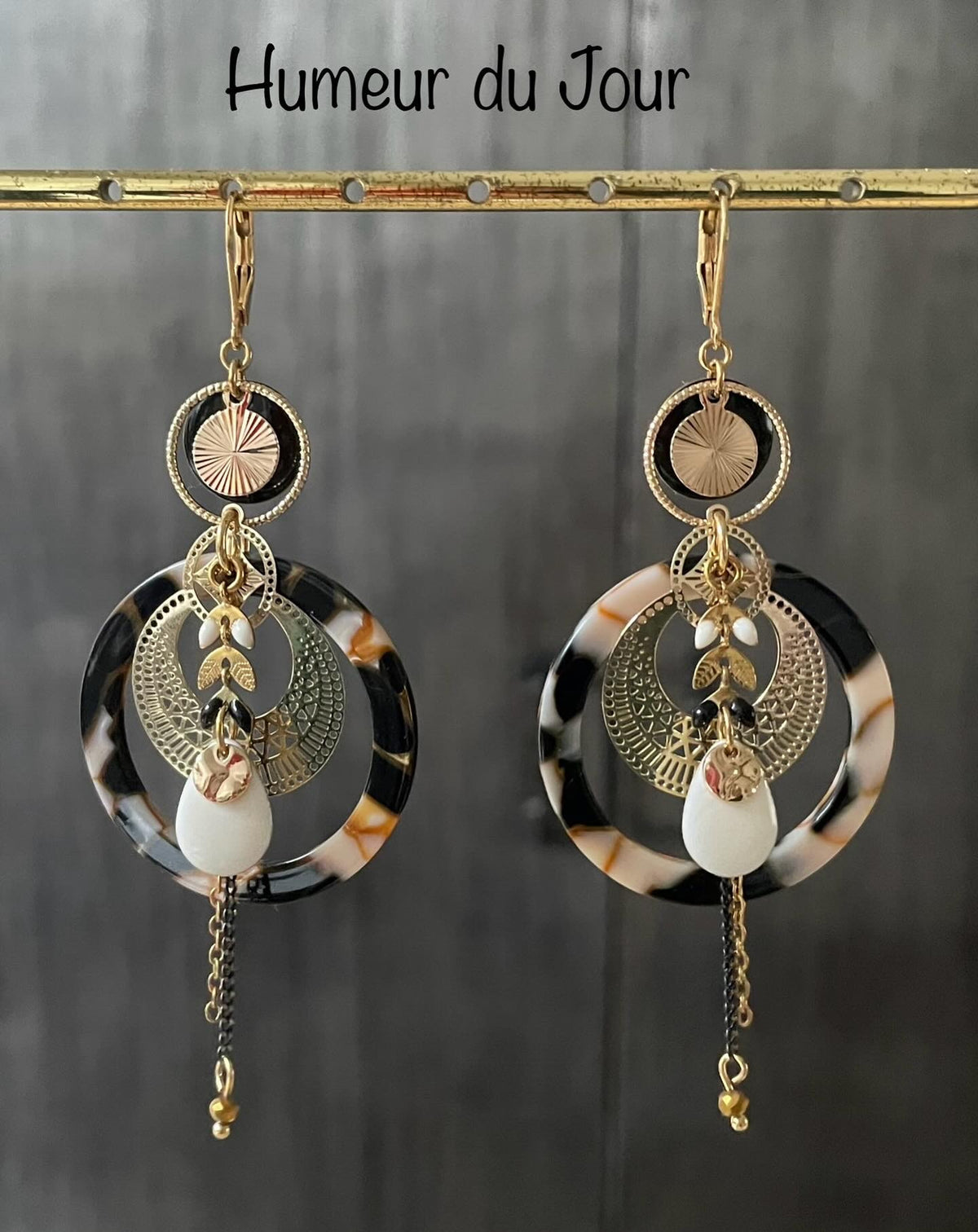 "Resplendent" black and white sleeper earrings