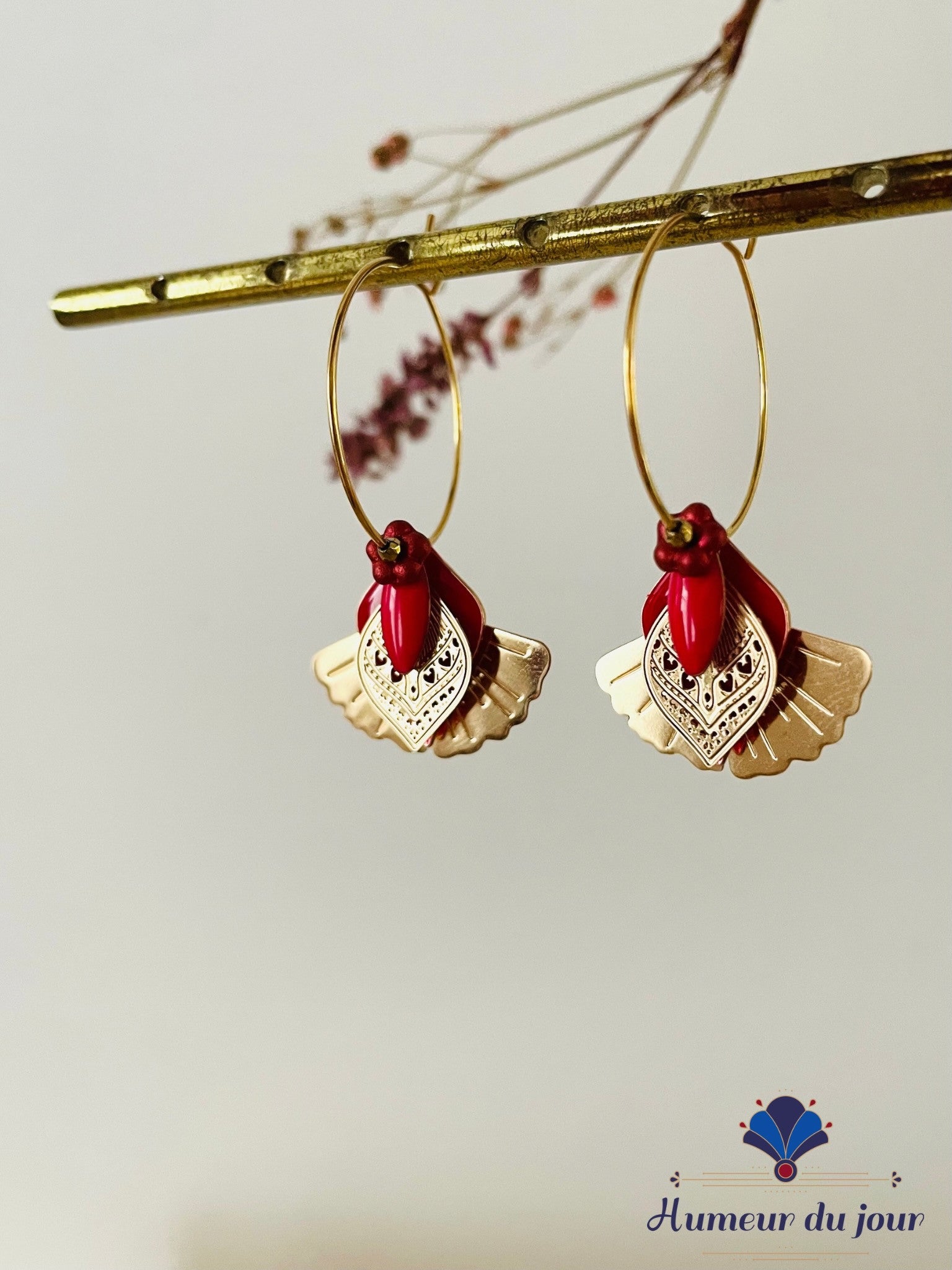 Red "Gingko bird" hoop earrings