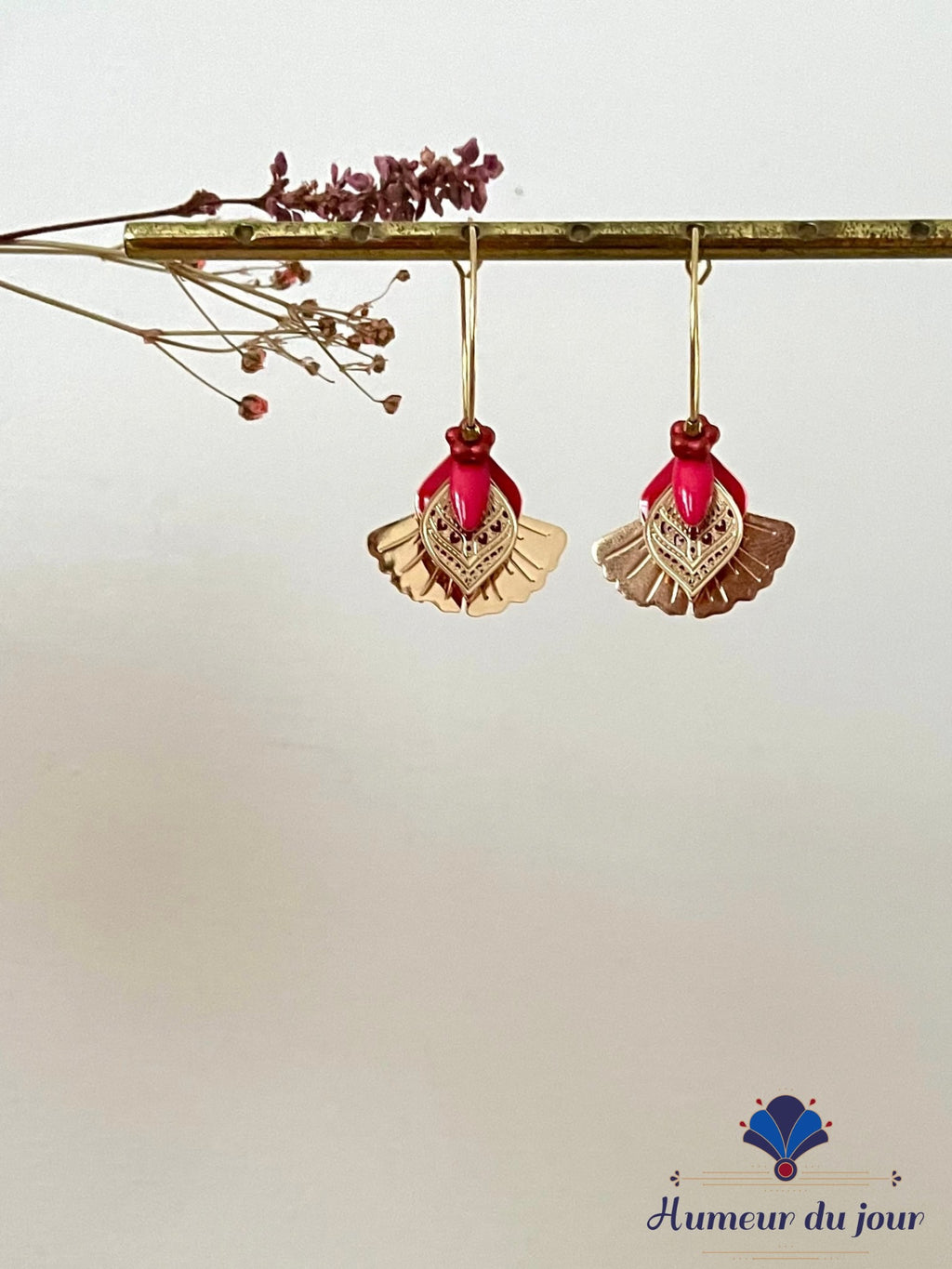 Red "Gingko bird" hoop earrings