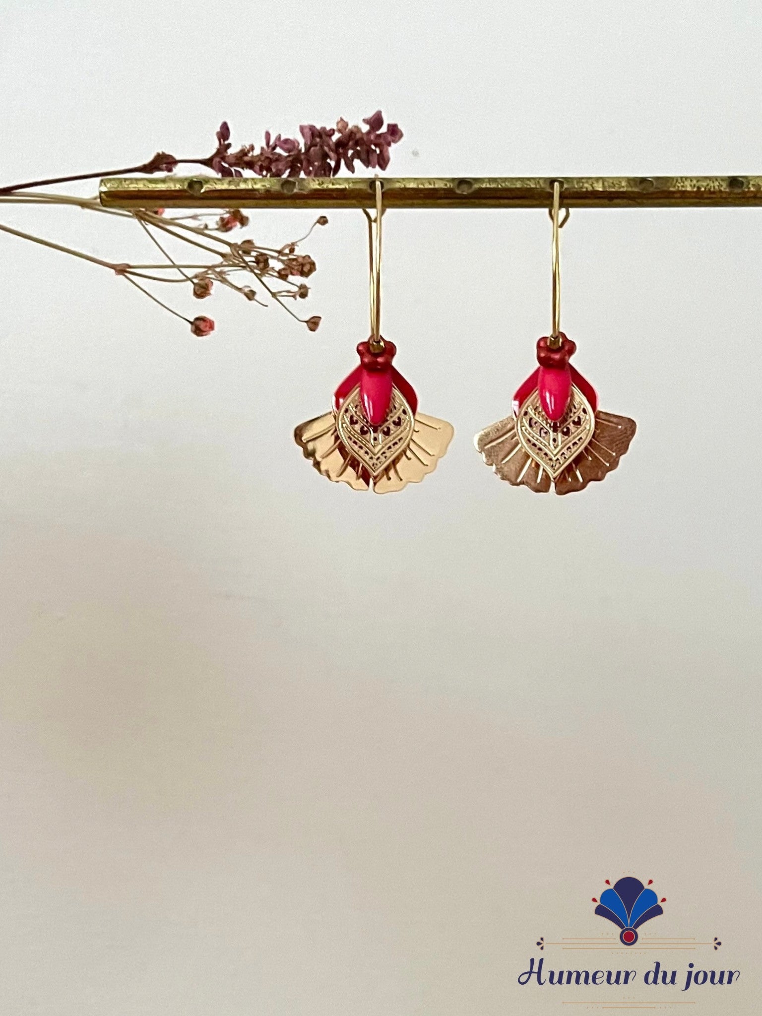 Red "Gingko bird" hoop earrings