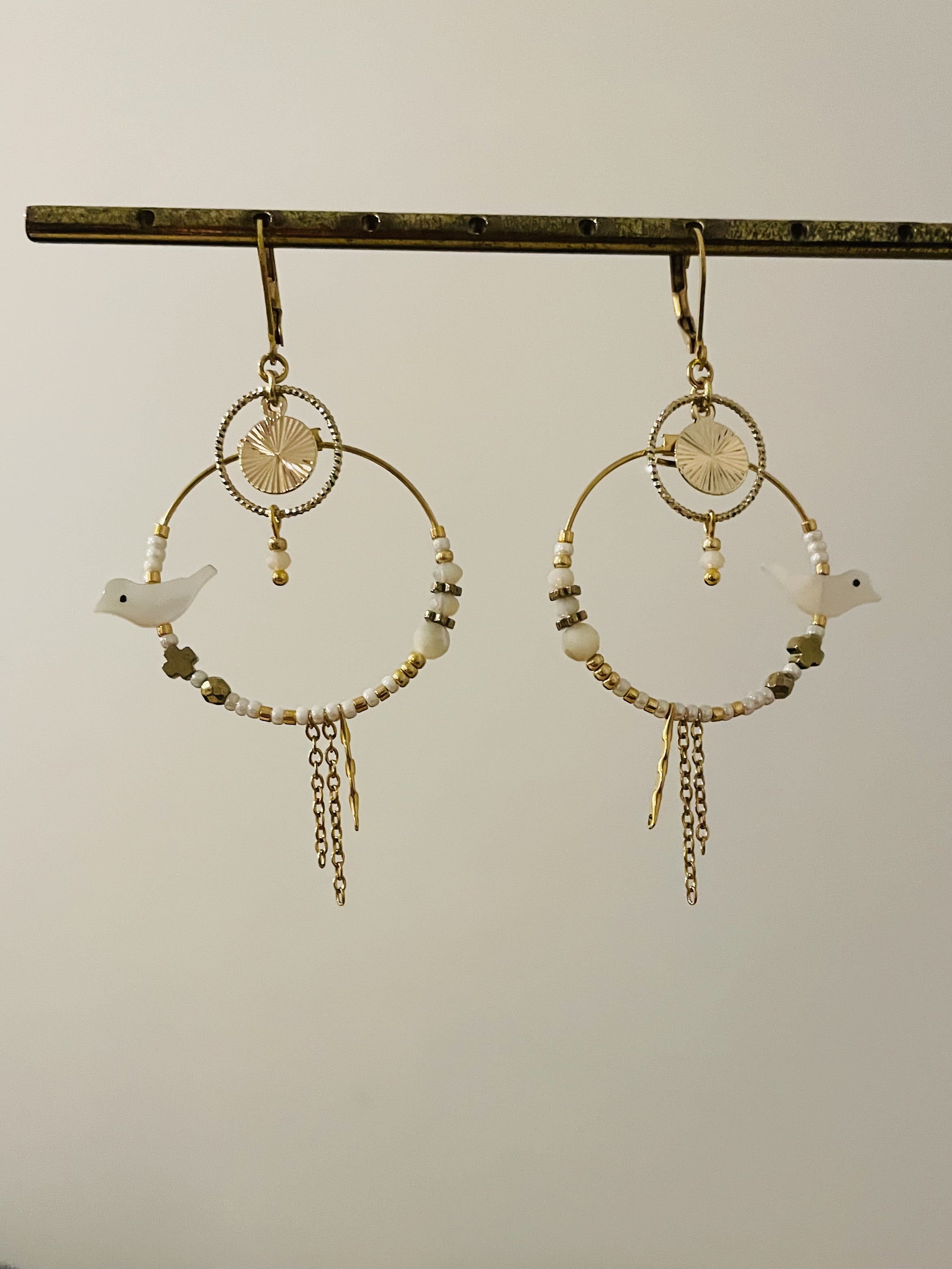 "Mother-of-pearl bird" sleeper earrings
