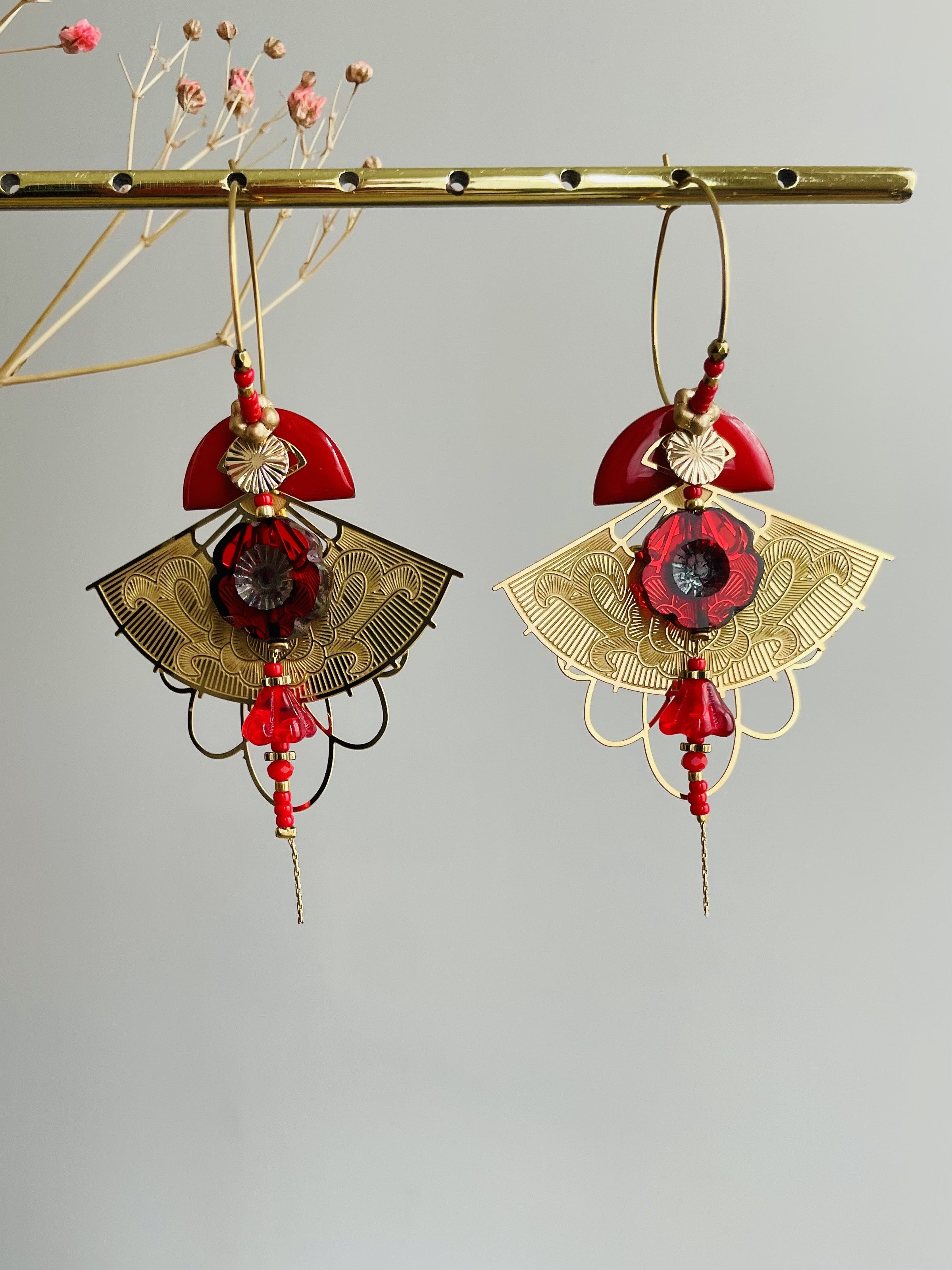 Red "Bohemian Japanese Fan" Creole Hoop Earrings