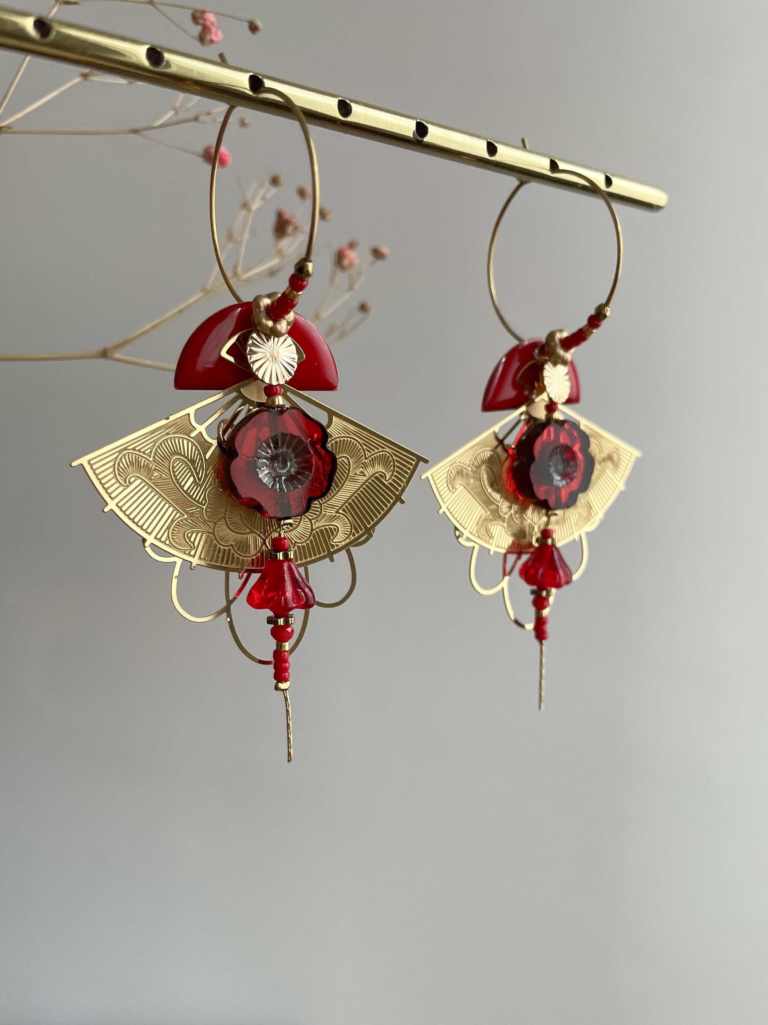 Red "Bohemian Japanese Fan" Creole Hoop Earrings