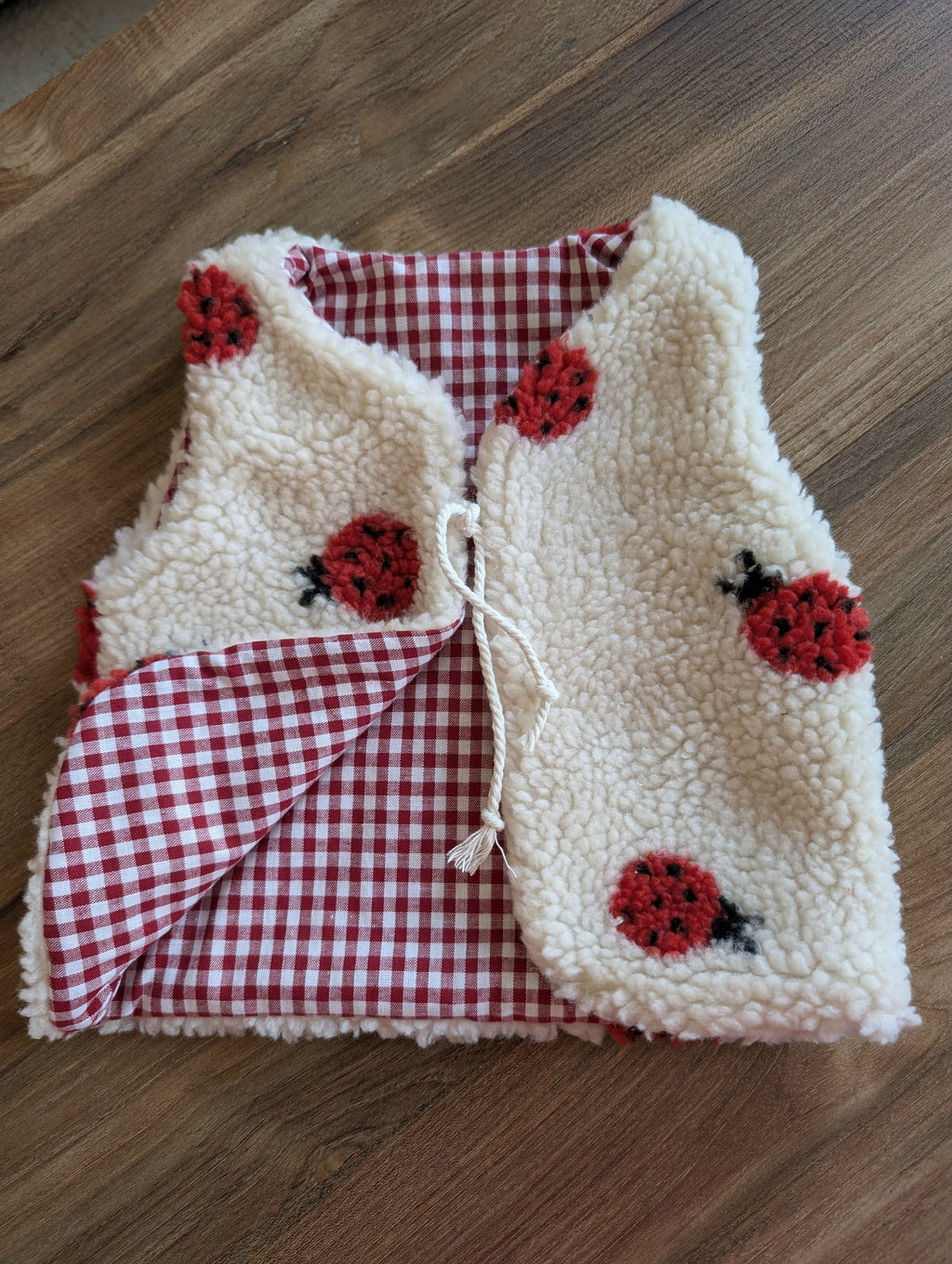 Gilet de berger réversible 18 mois 3 ans sherpa coccinelle vichy rouge