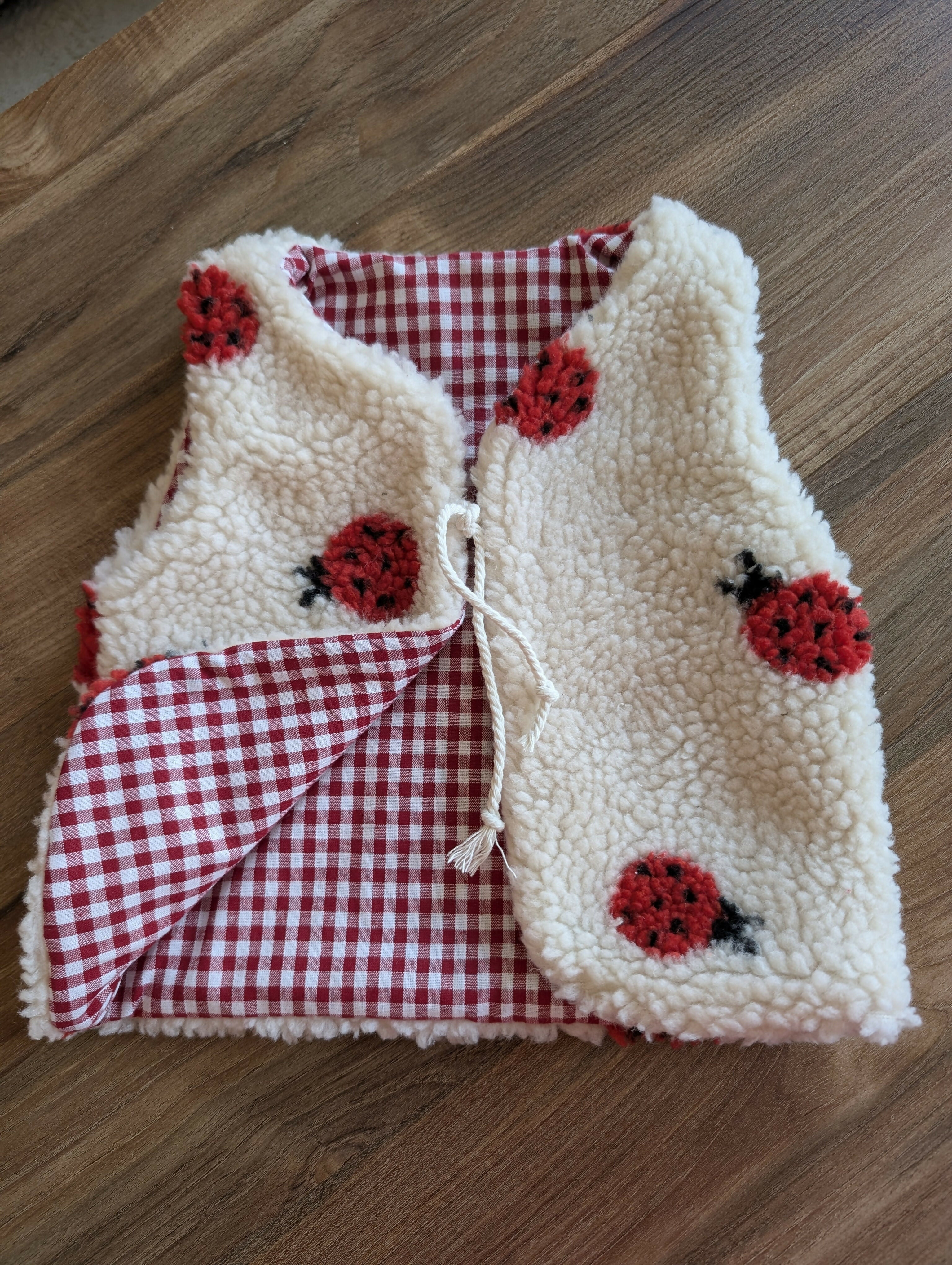 Gilet de berger réversible 18 mois 3 ans sherpa coccinelle vichy rouge