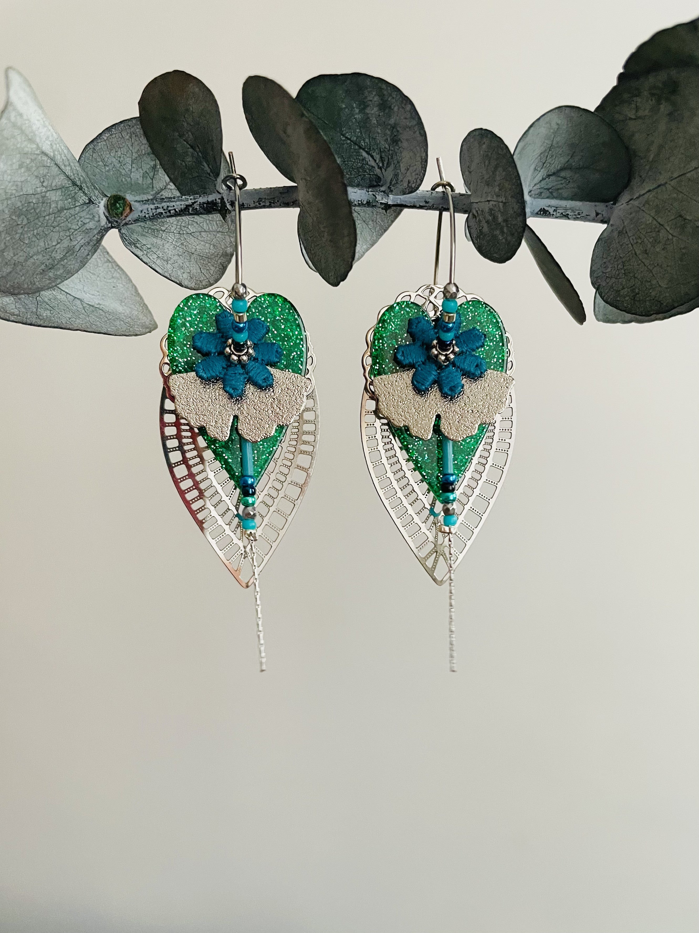 "Flowered Heart" silver hoop earrings, green and turquoise