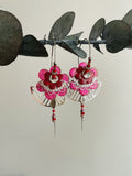 "Art Deco Half-moon Flower" Pink Creole Hoop Earrings
