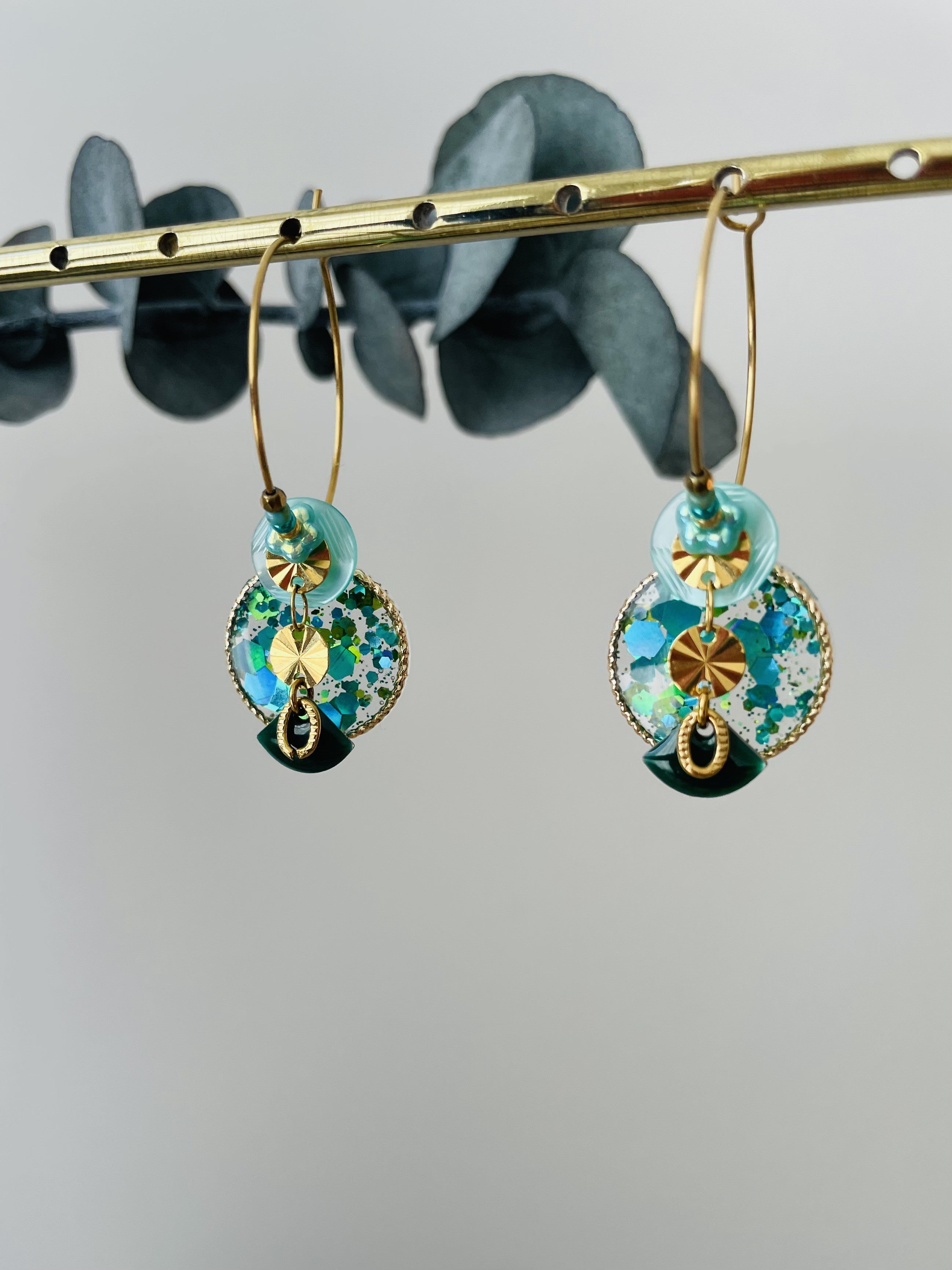 "Sequin Button" turquoise blue creoles