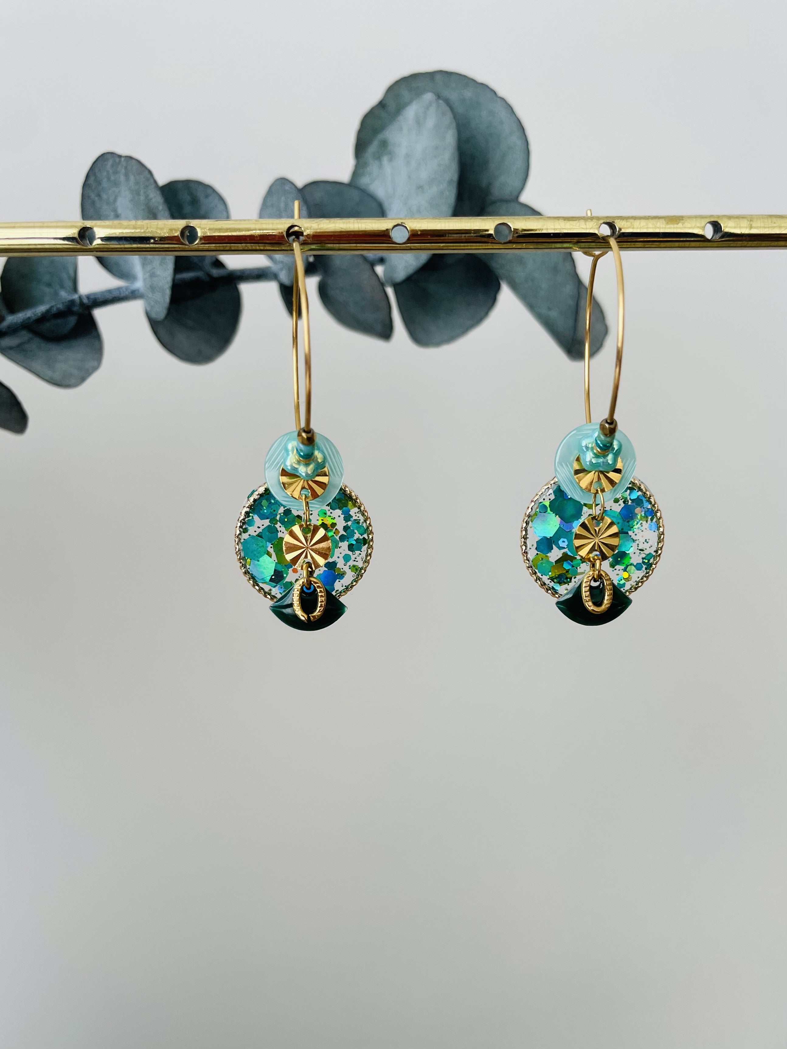"Sequin Button" turquoise blue creoles
