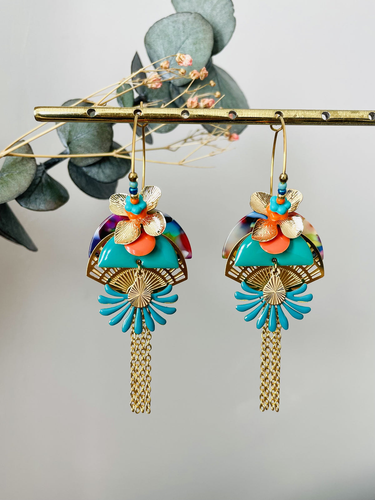 Créoles "Tropical Flowers" turquoise et orange