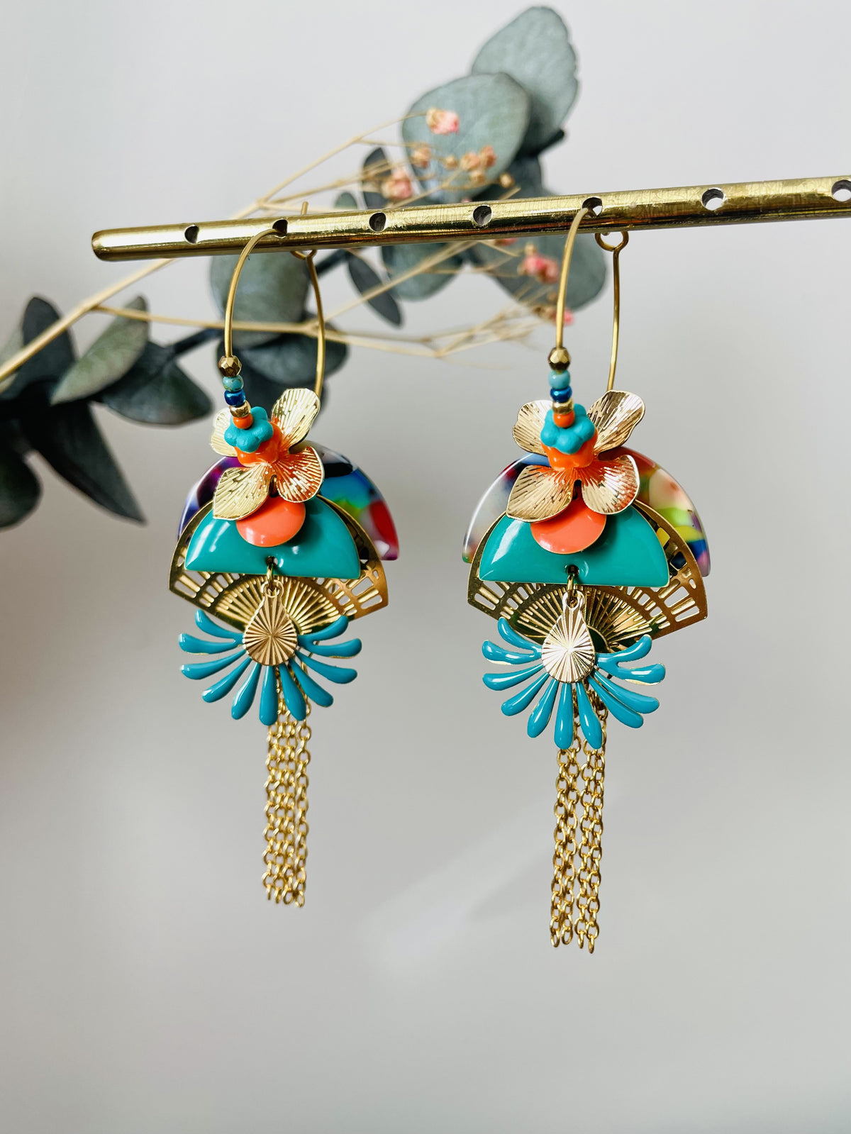 Créoles "Tropical Flowers" turquoise et orange