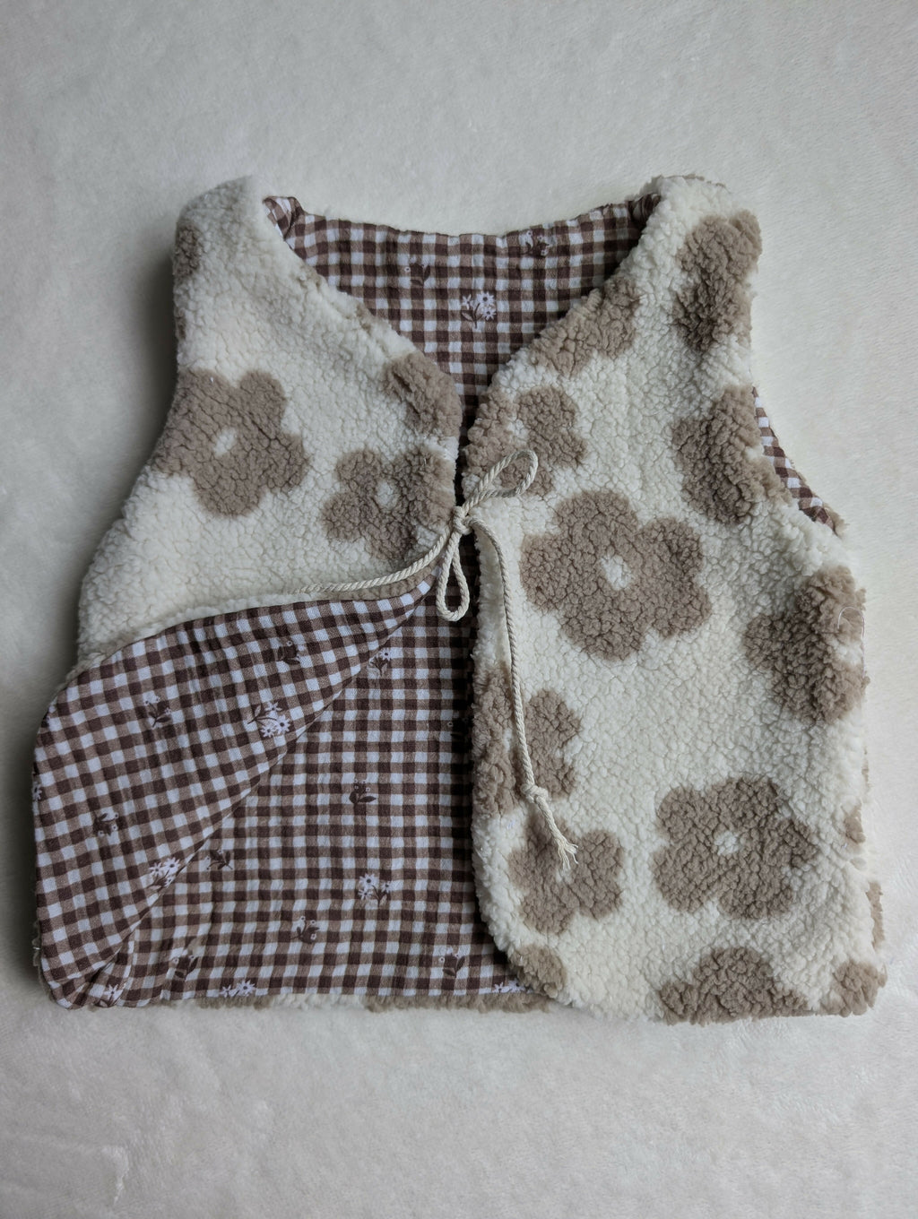 GILET DE BERGER 18 Mois 3 ans SHERPA Fleurs Beige vichy marron brodé
