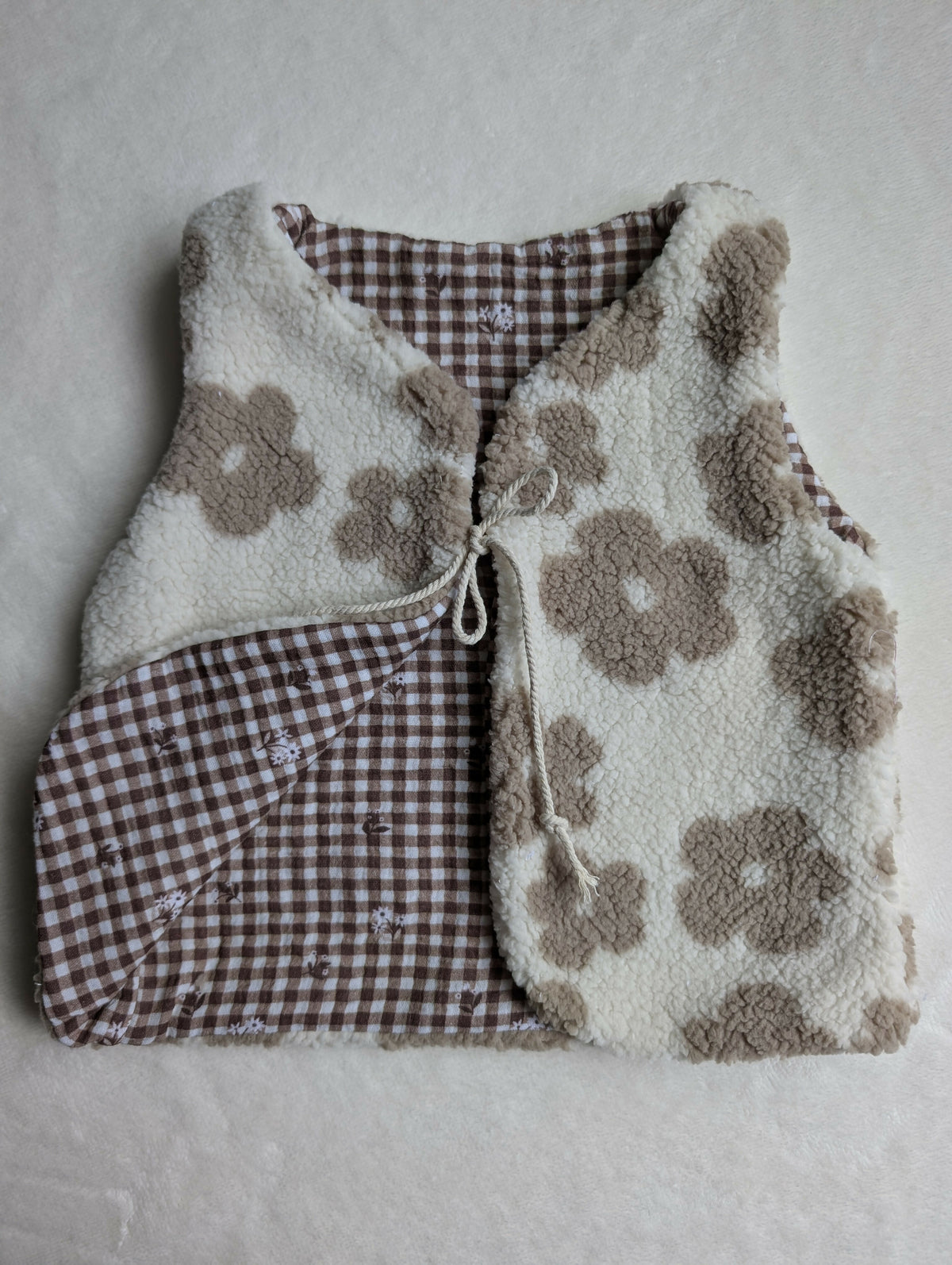 GILET DE BERGER 18 Mois 3 ans SHERPA Fleurs Beige vichy marron brodé