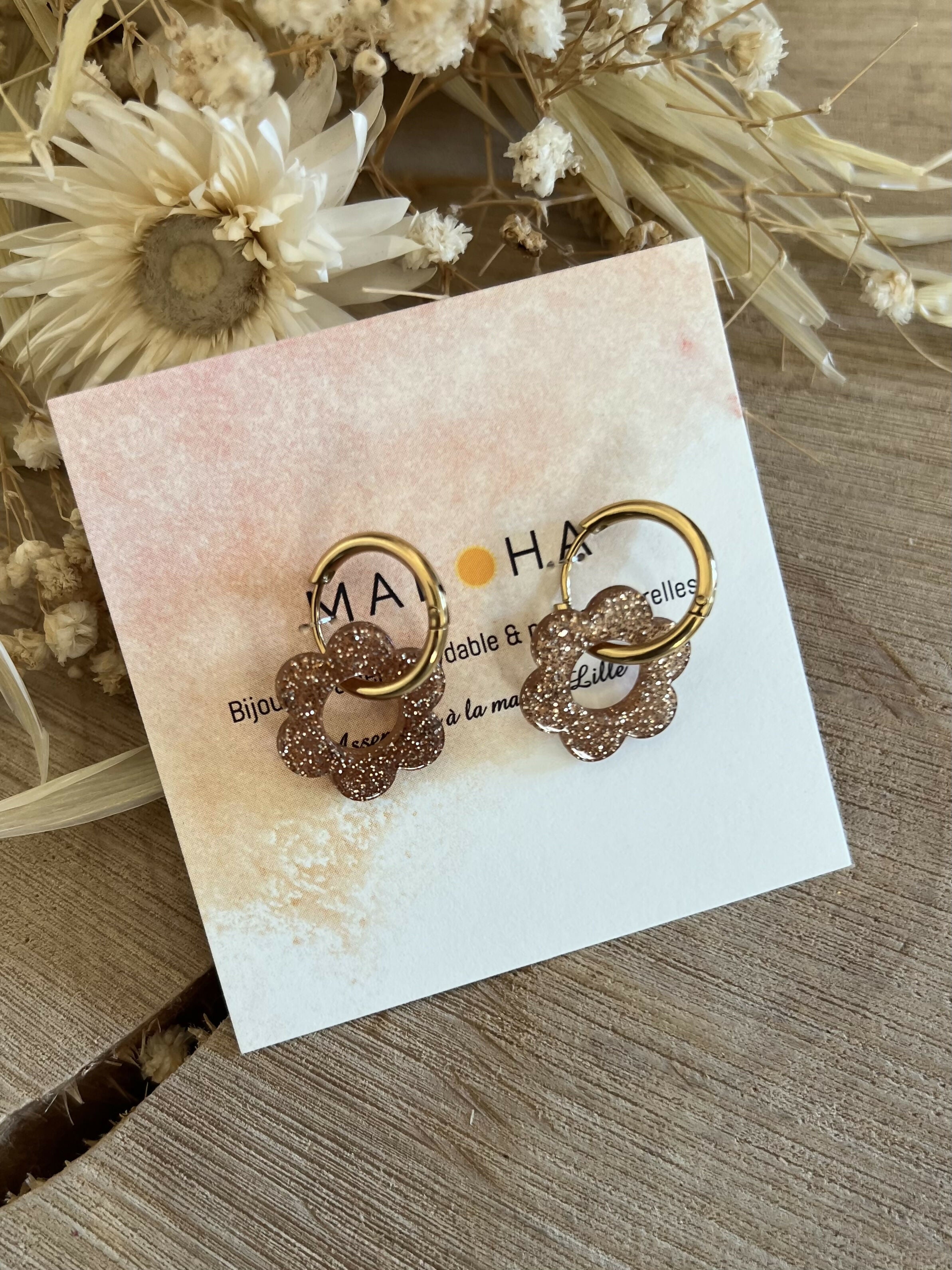 Earrings & their pink glitter flowers