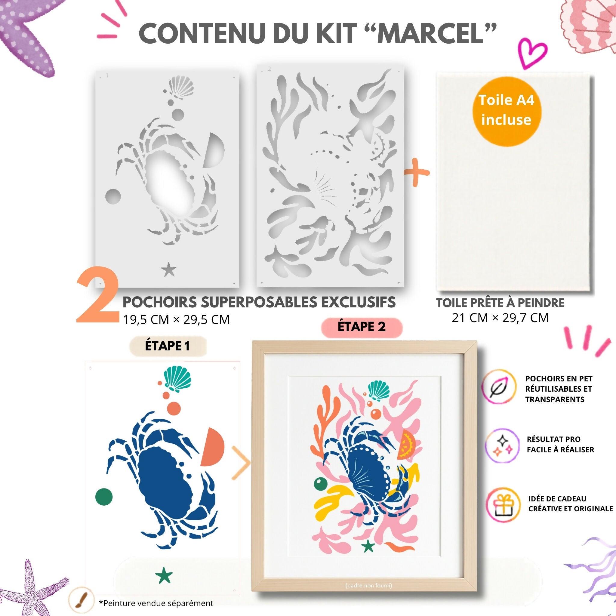 KIt POCHOIRS A4 - MARCEL le Crabe collection 'les trésors du large'
