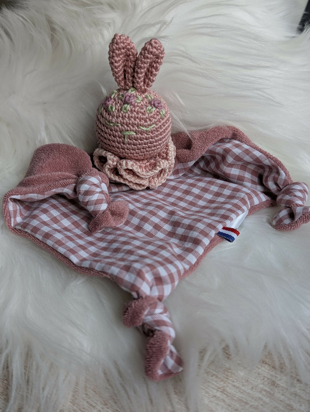 Doudou lapin vichy vieux rose