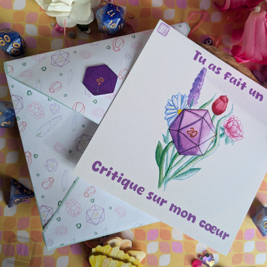 Ensemble enveloppe, sticker et cartes illustrée de dé 20 DND