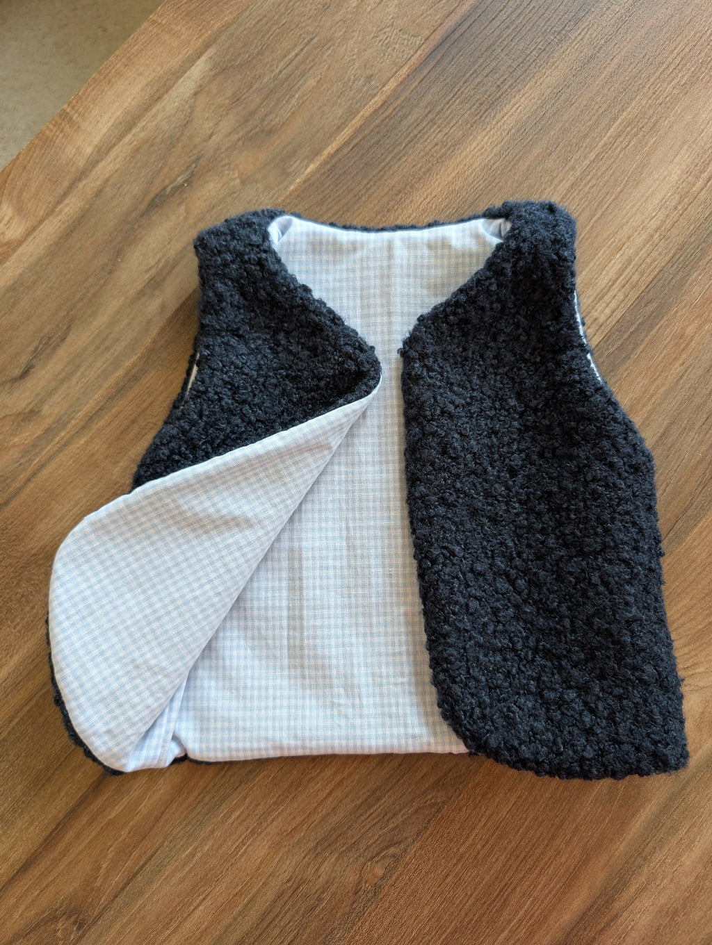 Gilet de berger réversible 18 mois 3 ans bouclettes bleu vichy bleu ciel