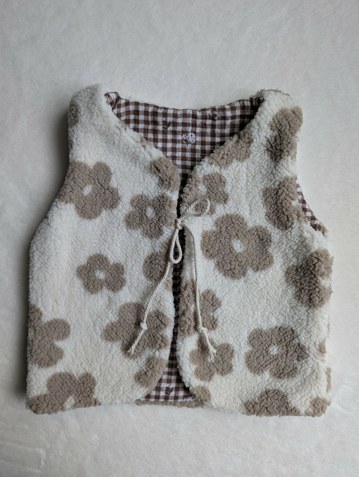 GILET DE BERGER 18 Mois 3 ans SHERPA Fleurs Beige vichy marron brodé
