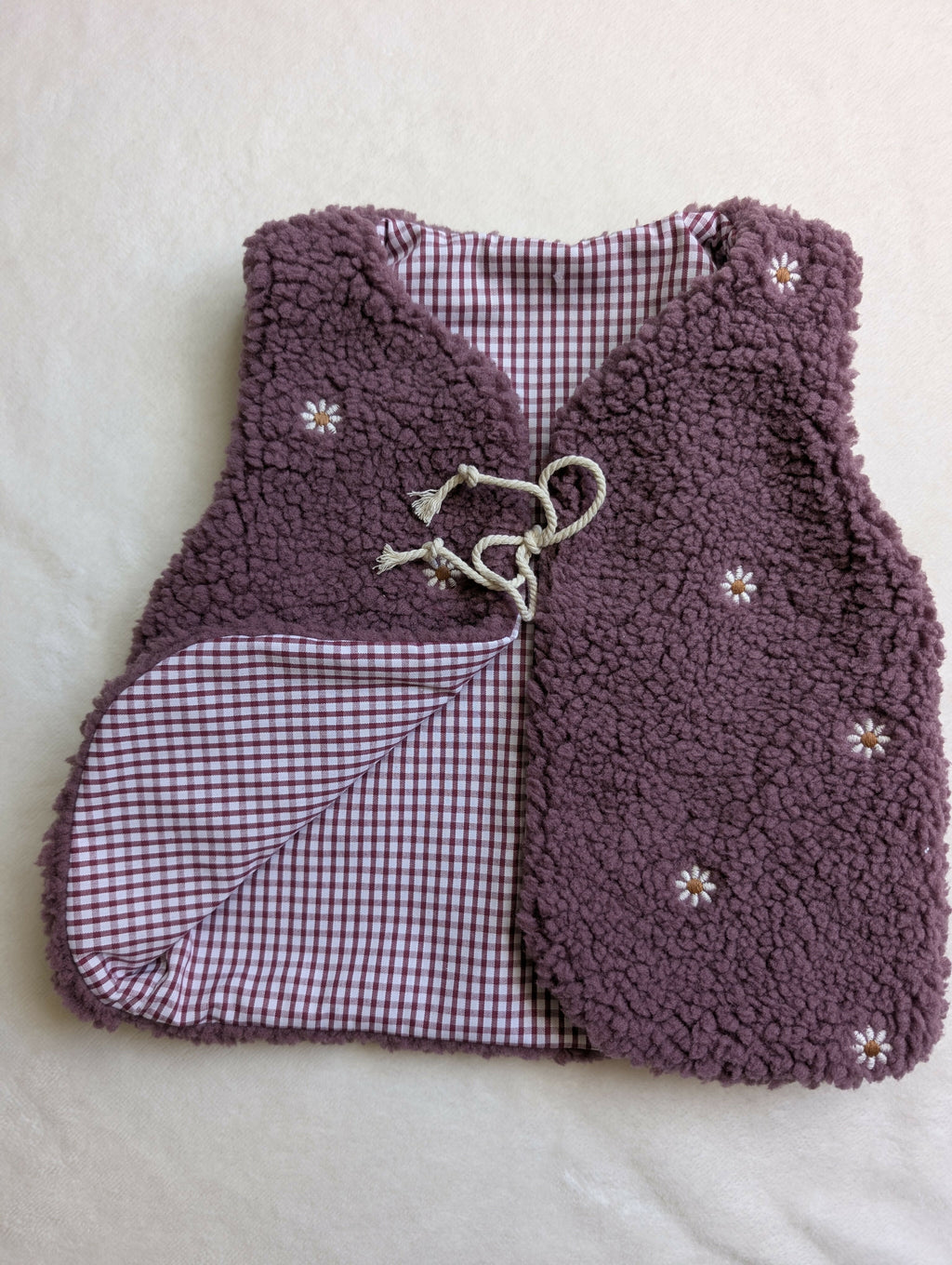 GILET DE BERGER 18 Mois 3 ans SHERPA Fleurs violet VICHY brodé