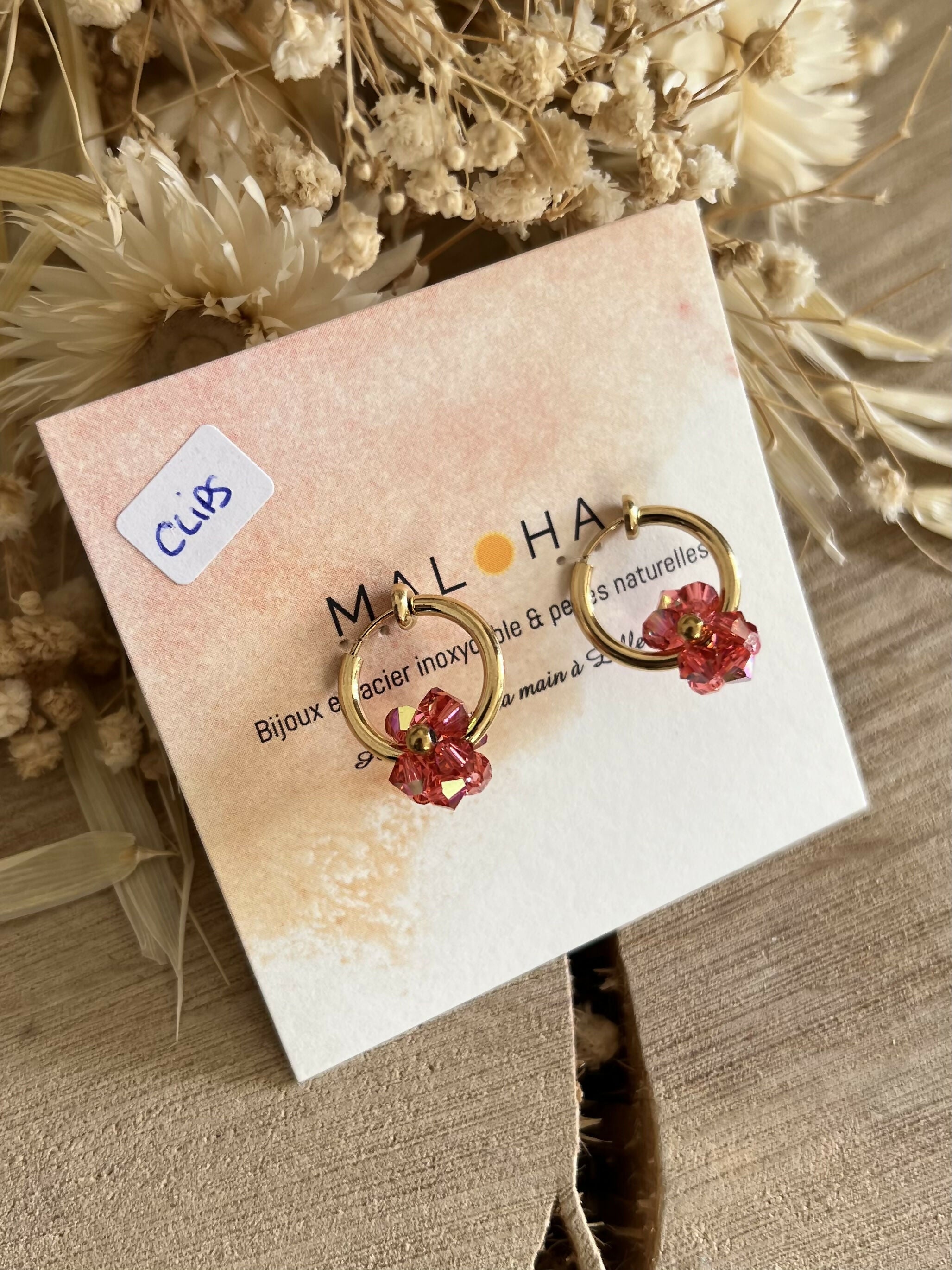 Créoles CLIPS fleurs verre rose