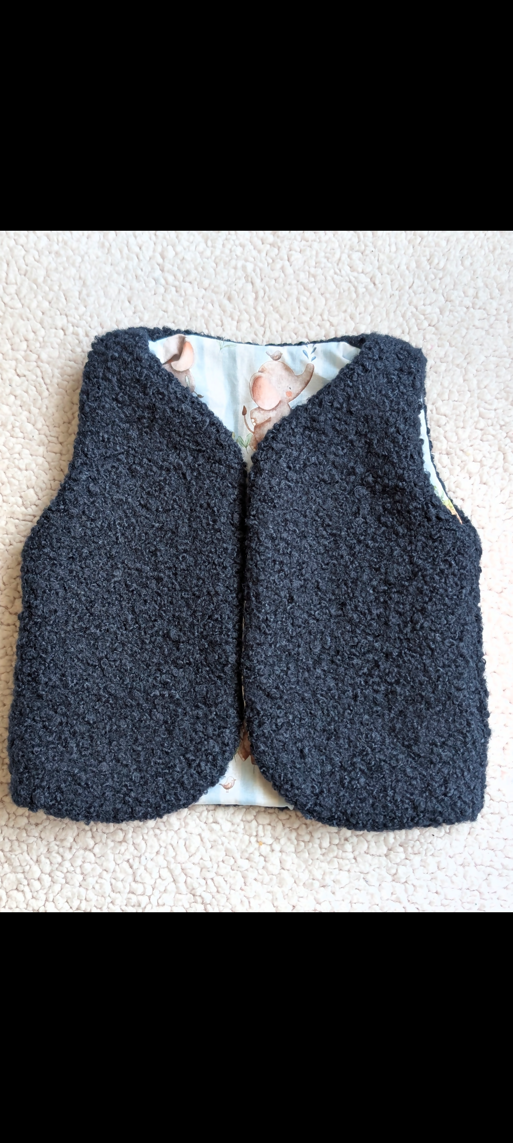 Gilet de berger réversible 18 mois 3 ans bouclettes marine dinosaure éléphant