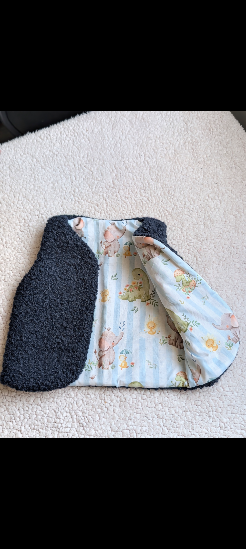 Gilet de berger réversible 18 mois 3 ans bouclettes marine dinosaure éléphant
