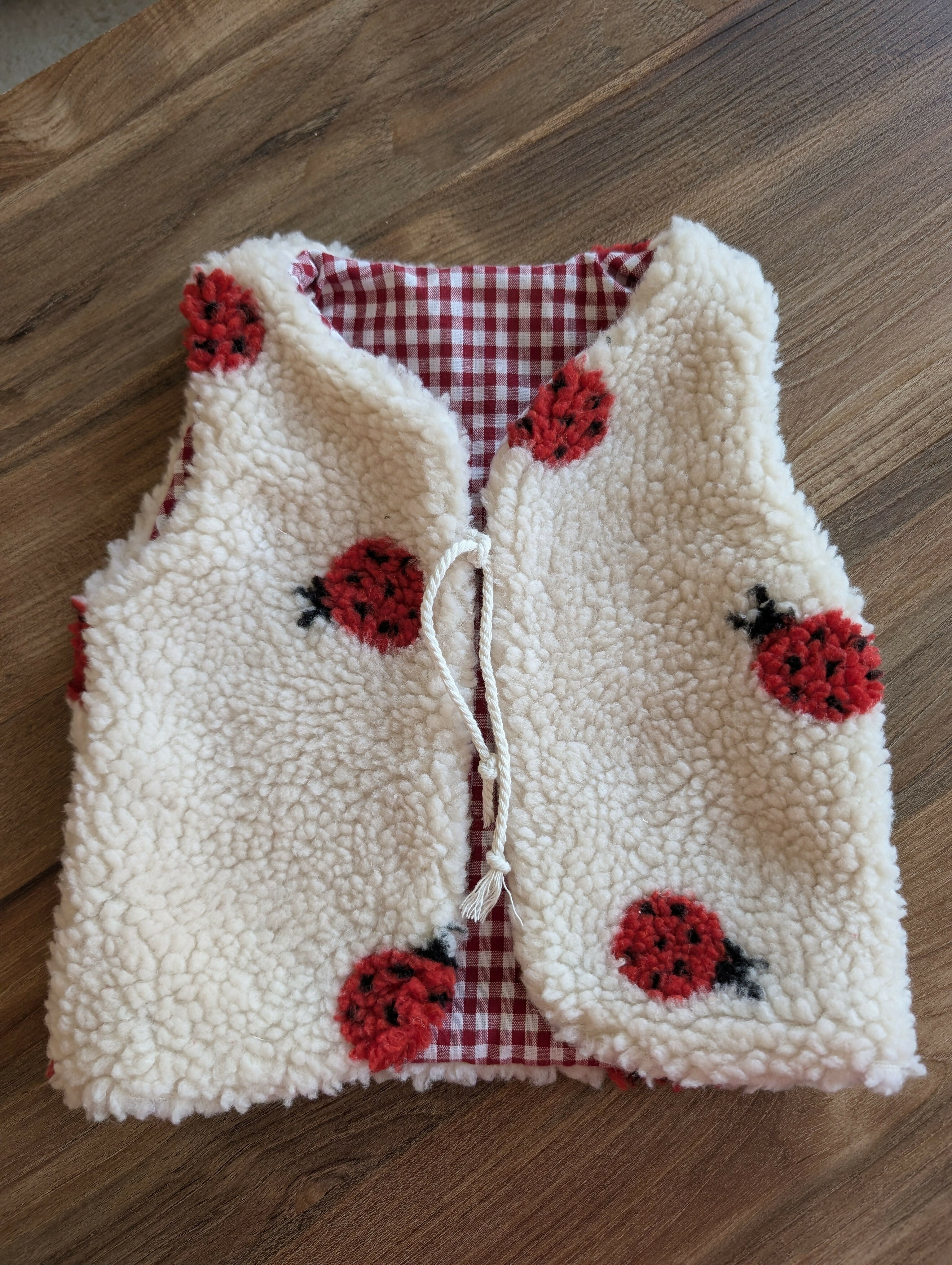 Gilet de berger réversible 18 mois 3 ans sherpa coccinelle vichy rouge