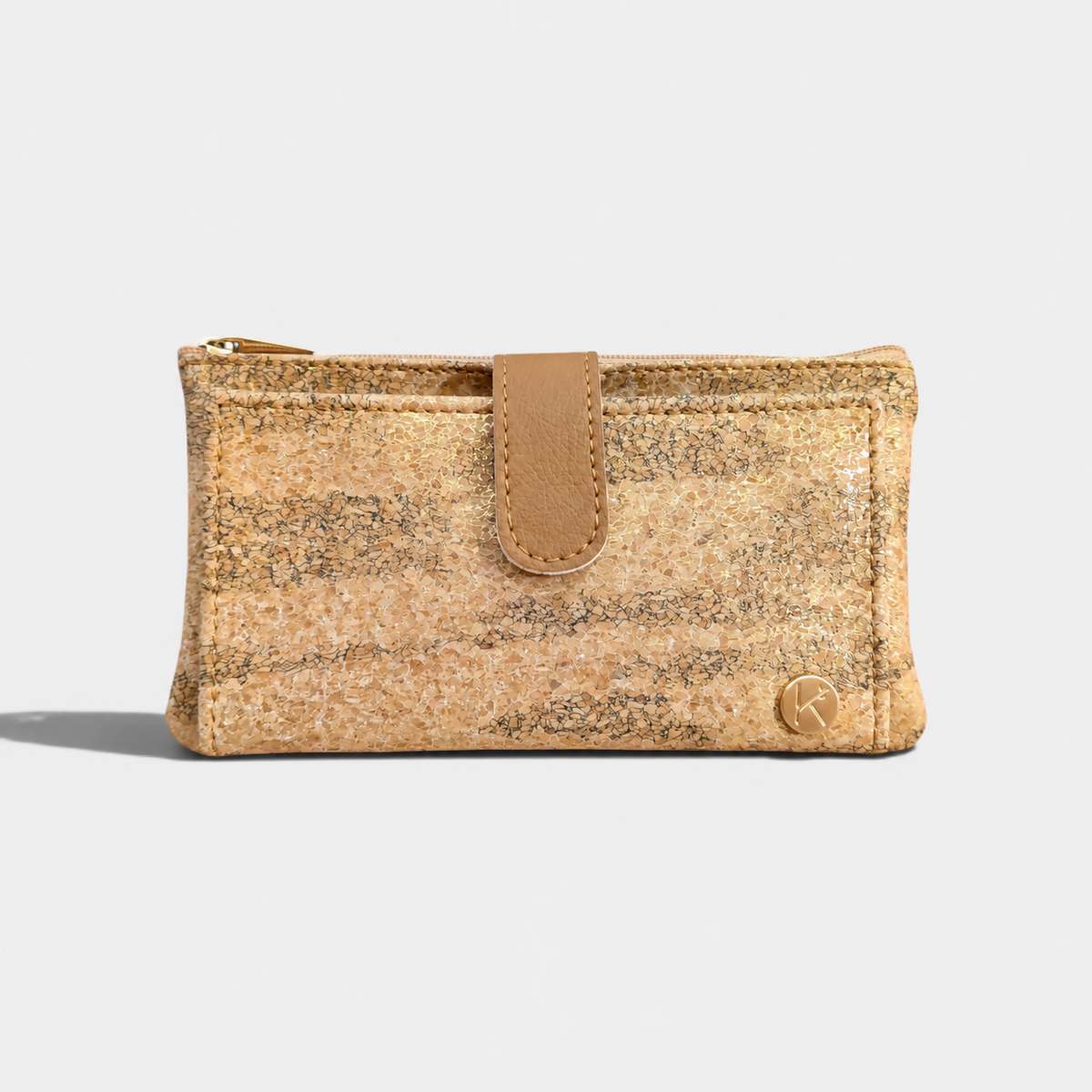 Portefeuille en liège et cuir de pomme beige or Lalie
