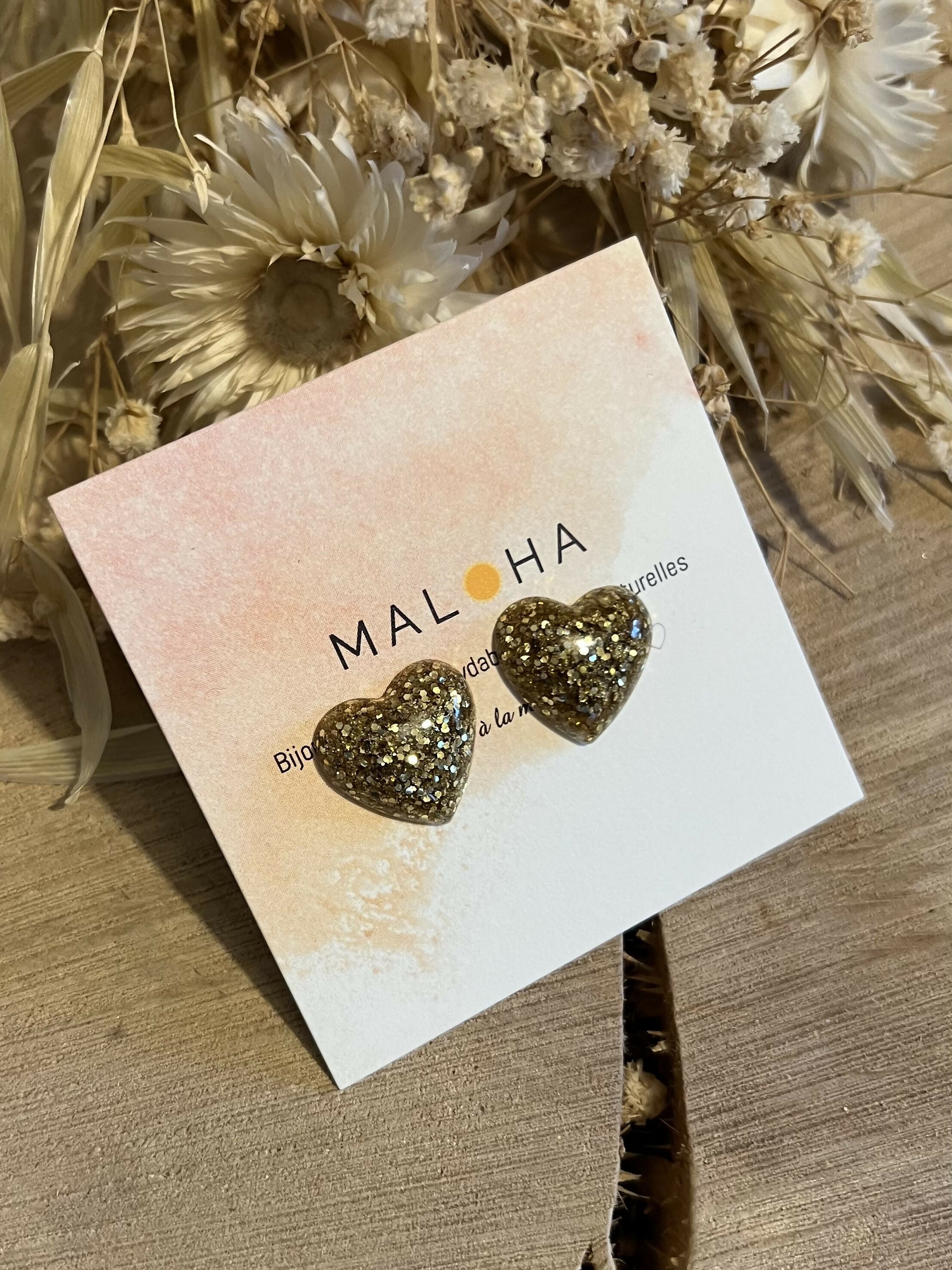 BO petits coeurs résine paillettes dorées