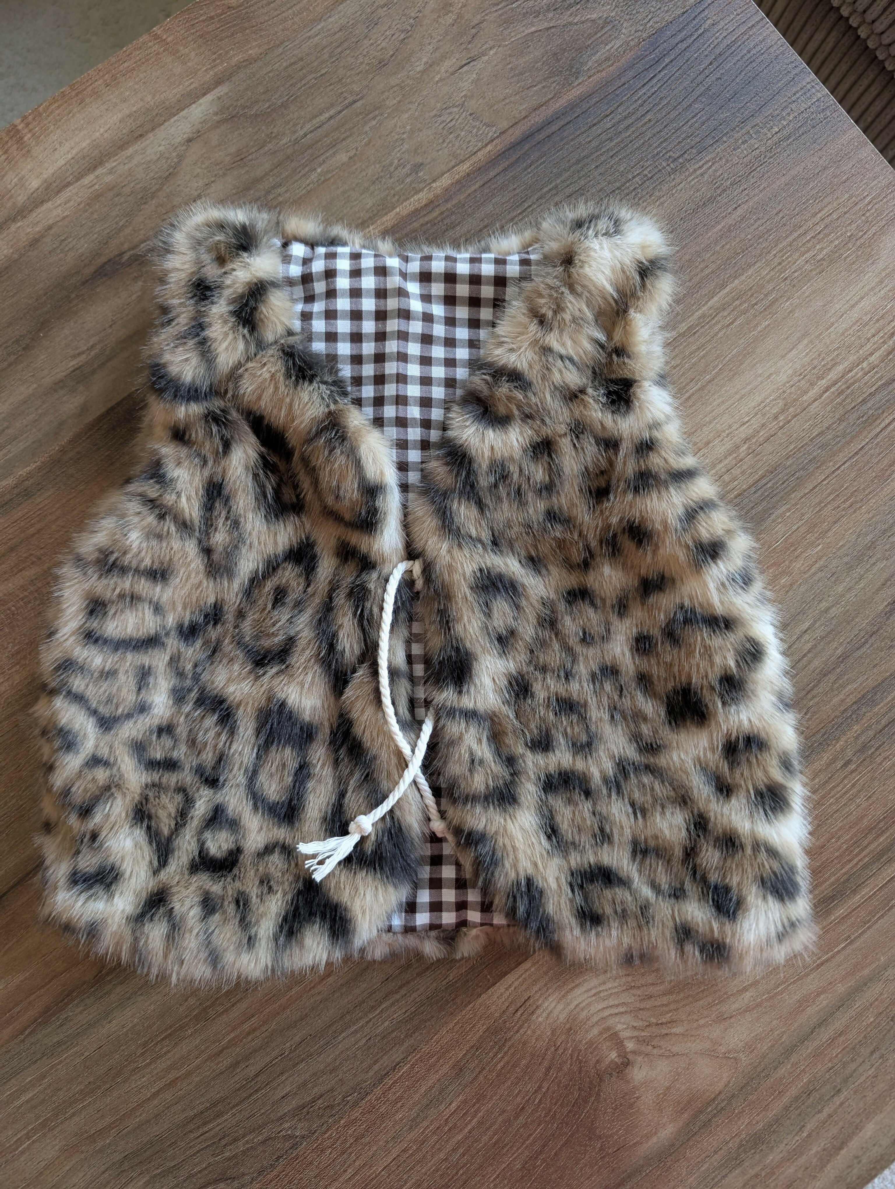 Gilet de berger réversible 18 mois 3 ans fourrure léopard vichy marron