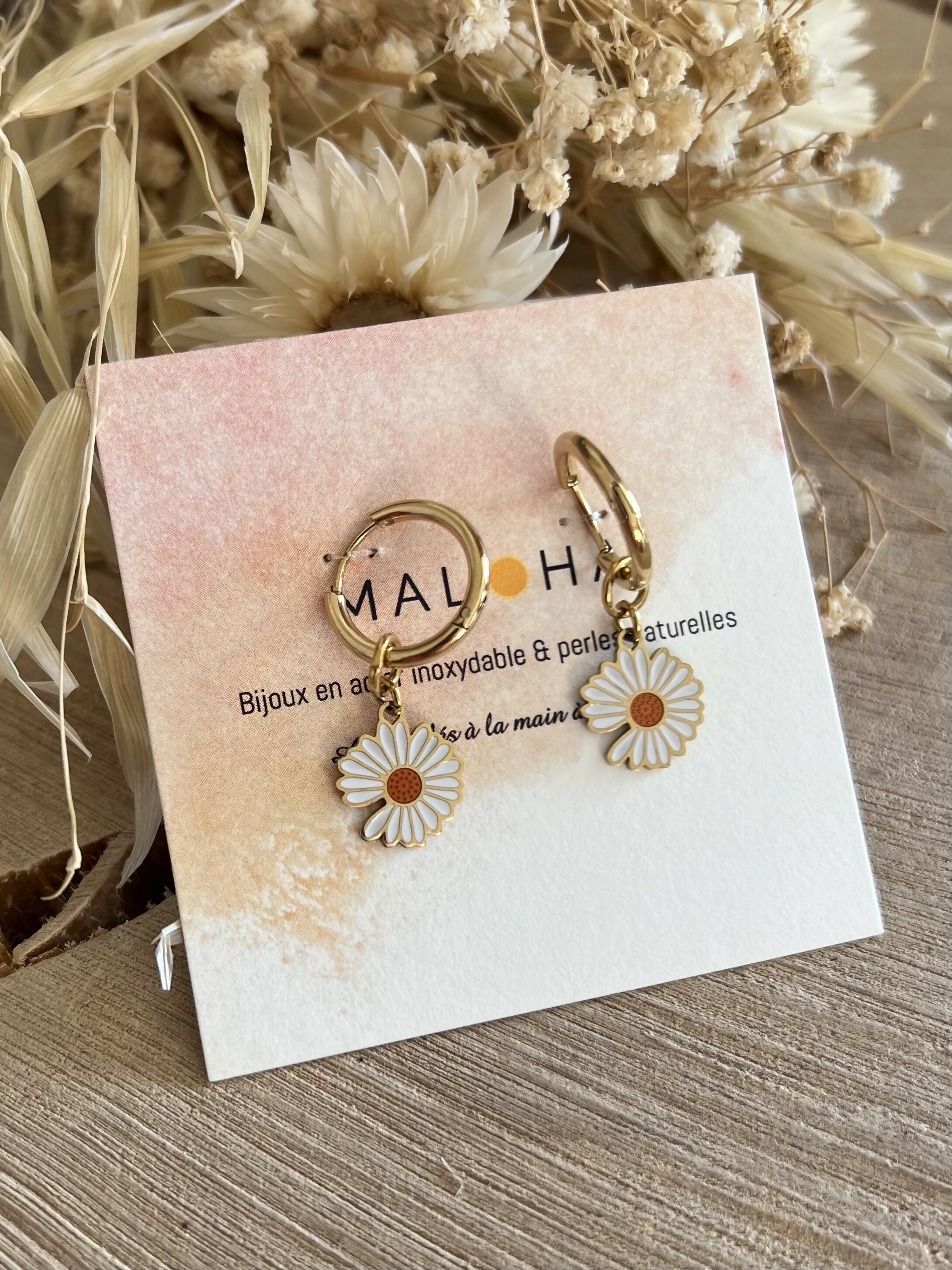 Gold stainless steel daisy hoop earrings