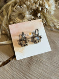 Clip-on creole earrings, silver with beige and brown flowers