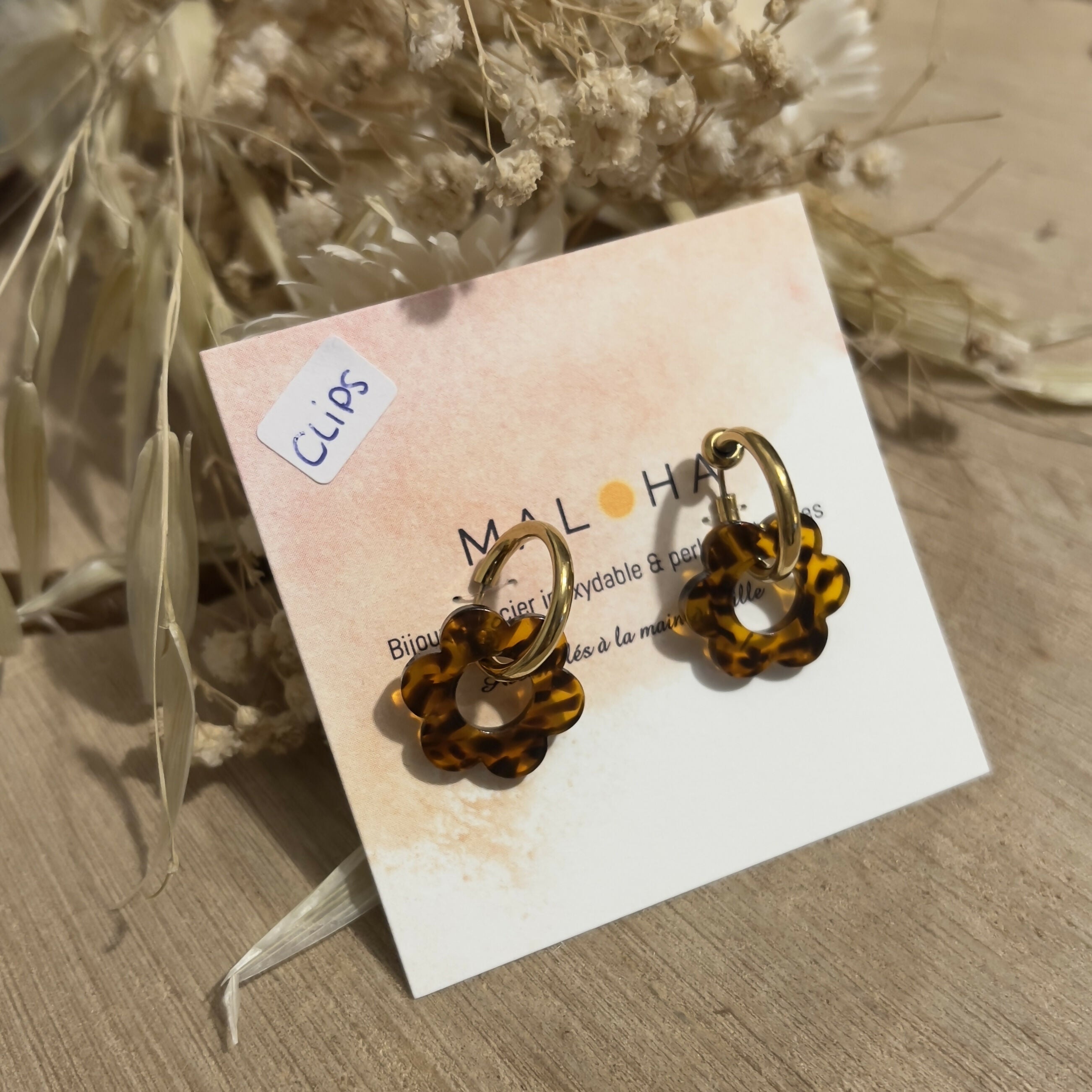 Créoles CLIPS & ses fleurs marron - beige