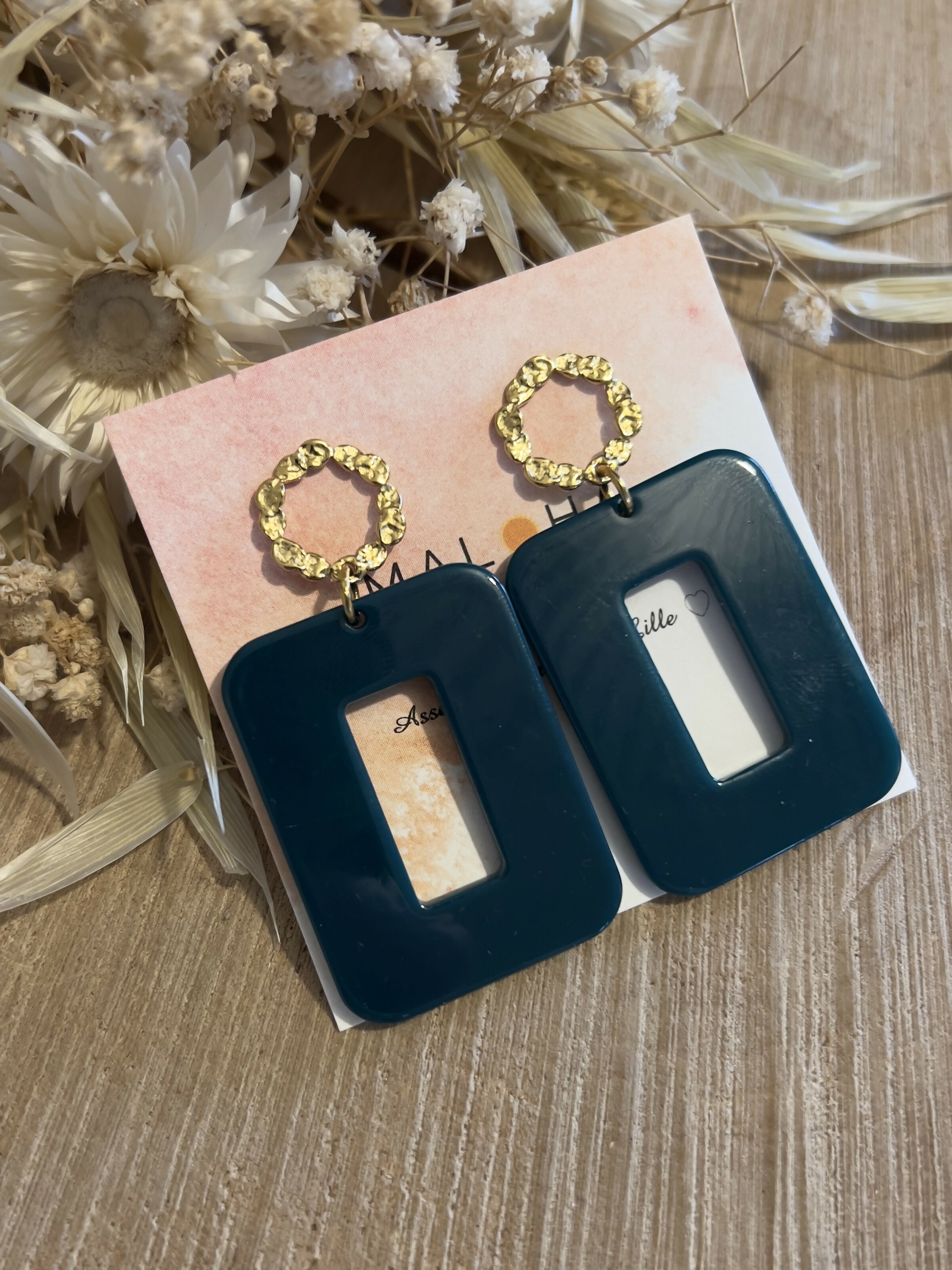 HAMMERED CIRCLE EARRINGS + GREEN RECTANGLE