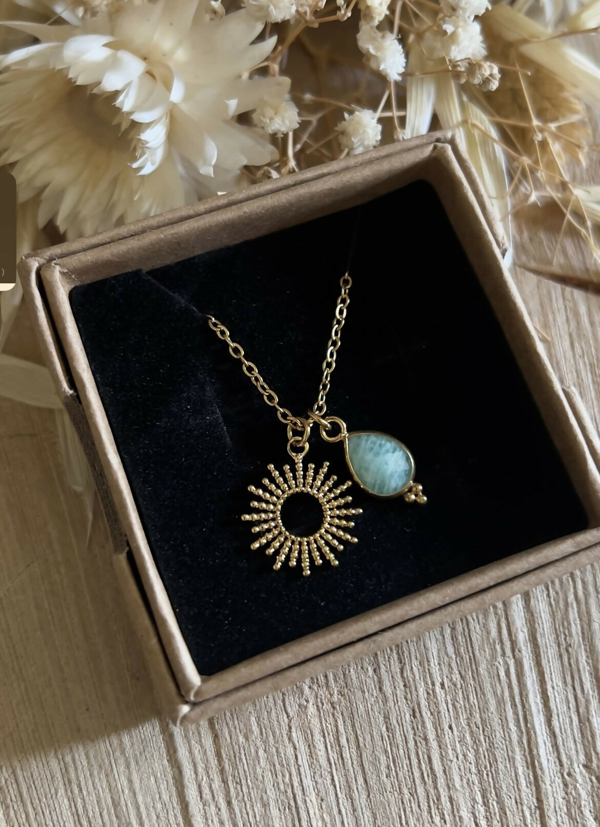 Collier soleil + goutte turquoise en Amazonite