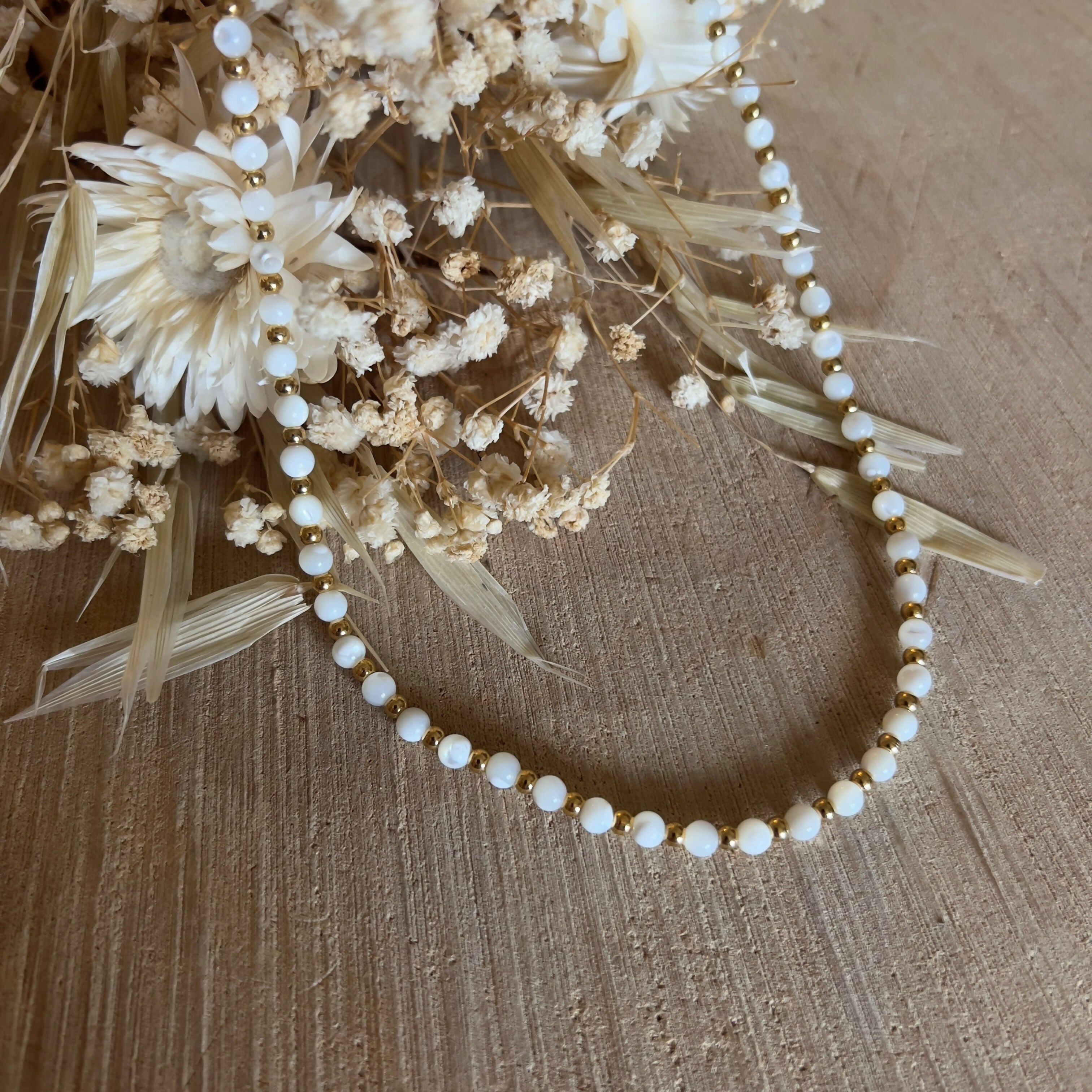 Natural Mother of Pearl & Gold Plated Small Round Bead Necklace