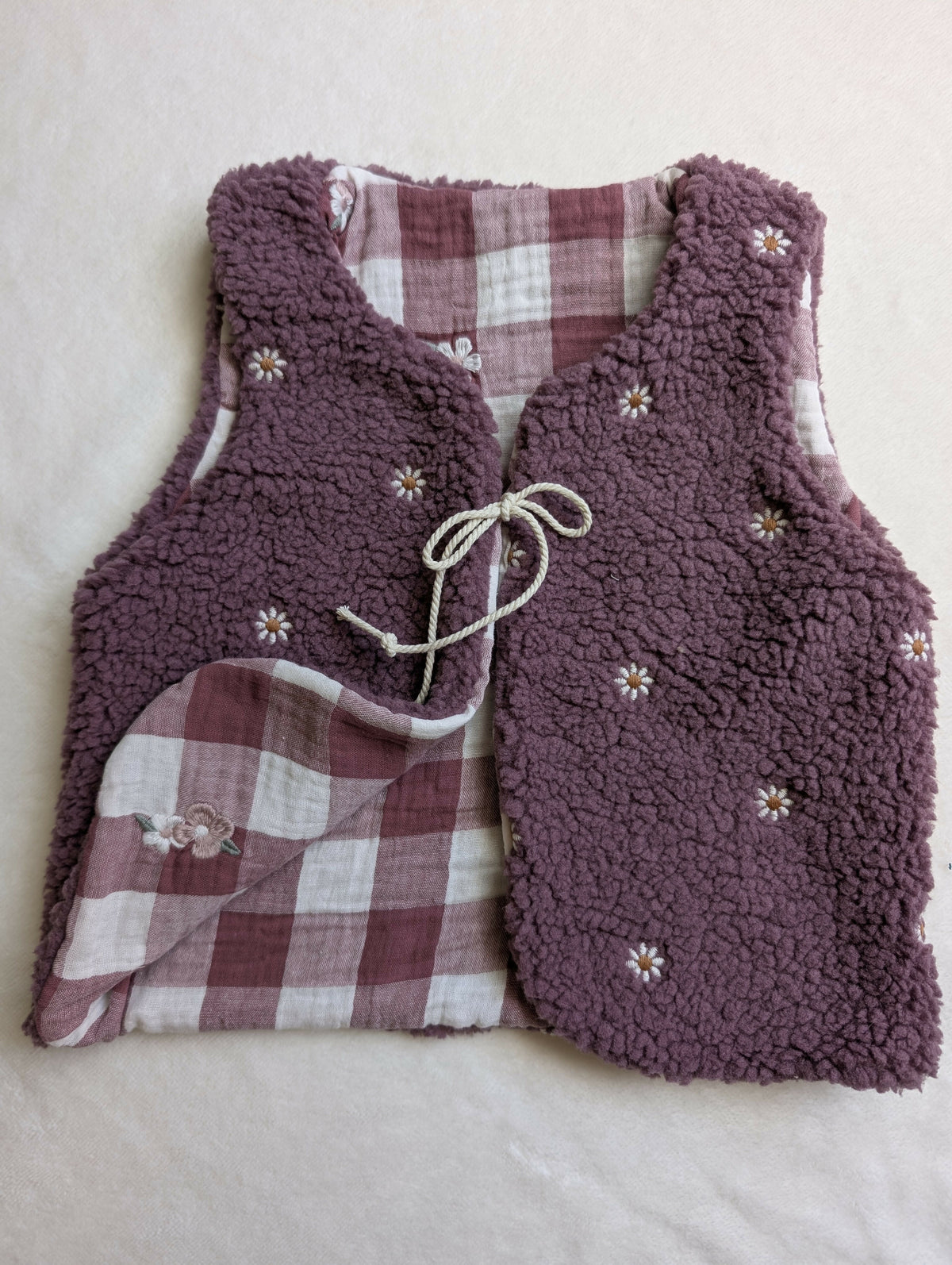 GILET DE BERGER 4-6 Ans SHERPA Fleurs violet VICHY brodé